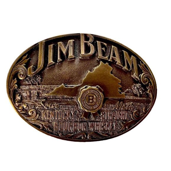 Vtg Limited Edition Jim Beam Kentucky Whiskey Bourbon NOS Brass Belt Buckle - Picture 1 of 15